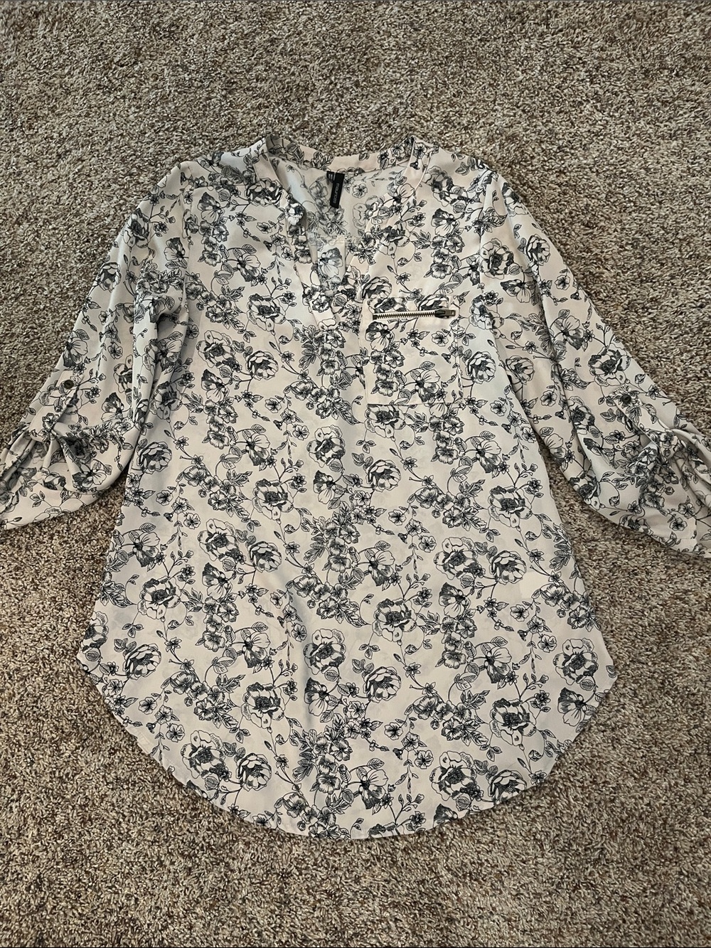 Maurices cream Floral Print Tunic Top with Black Pattern